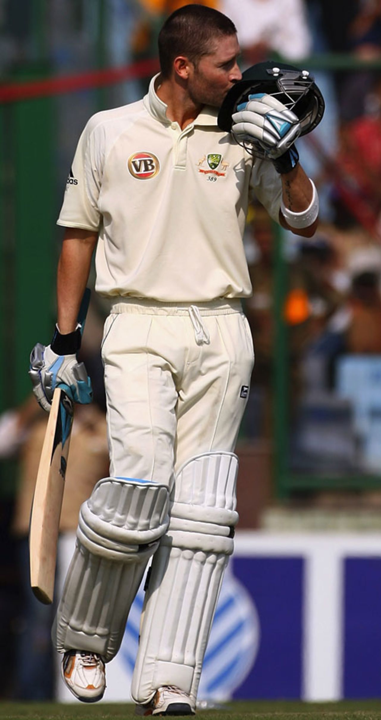 Michael Clarke kisses his helmet after reaching his century, India v Australia, 3rd Test, Delhi, 4th day, November 1, 2008