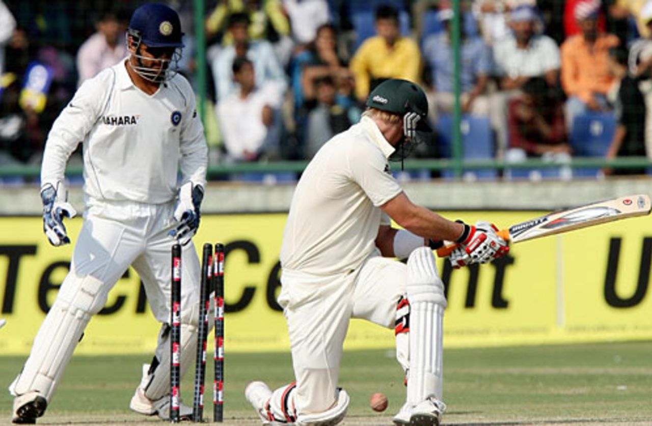 Cameron White is bowled by Virender Sehwag for 44, India v Australia, 3rd Test, Delhi, 4th day, November 1, 2008