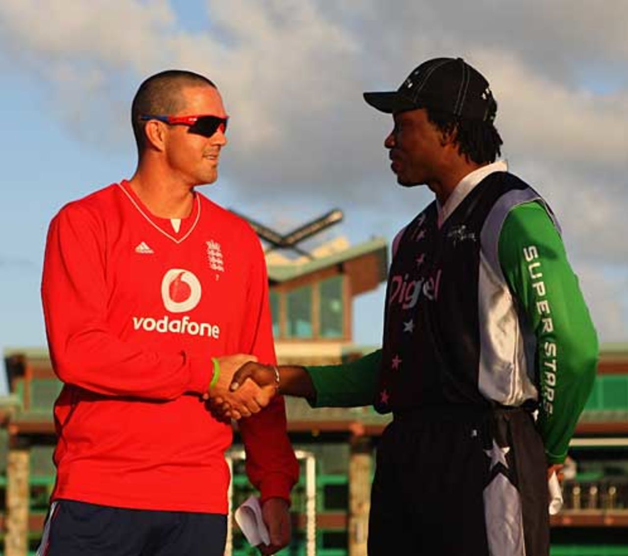 A million-dollar handshake: Kevin Pietersen and Chris Gayle before the toss, Superstars v England, Antigua, November 1, 2008