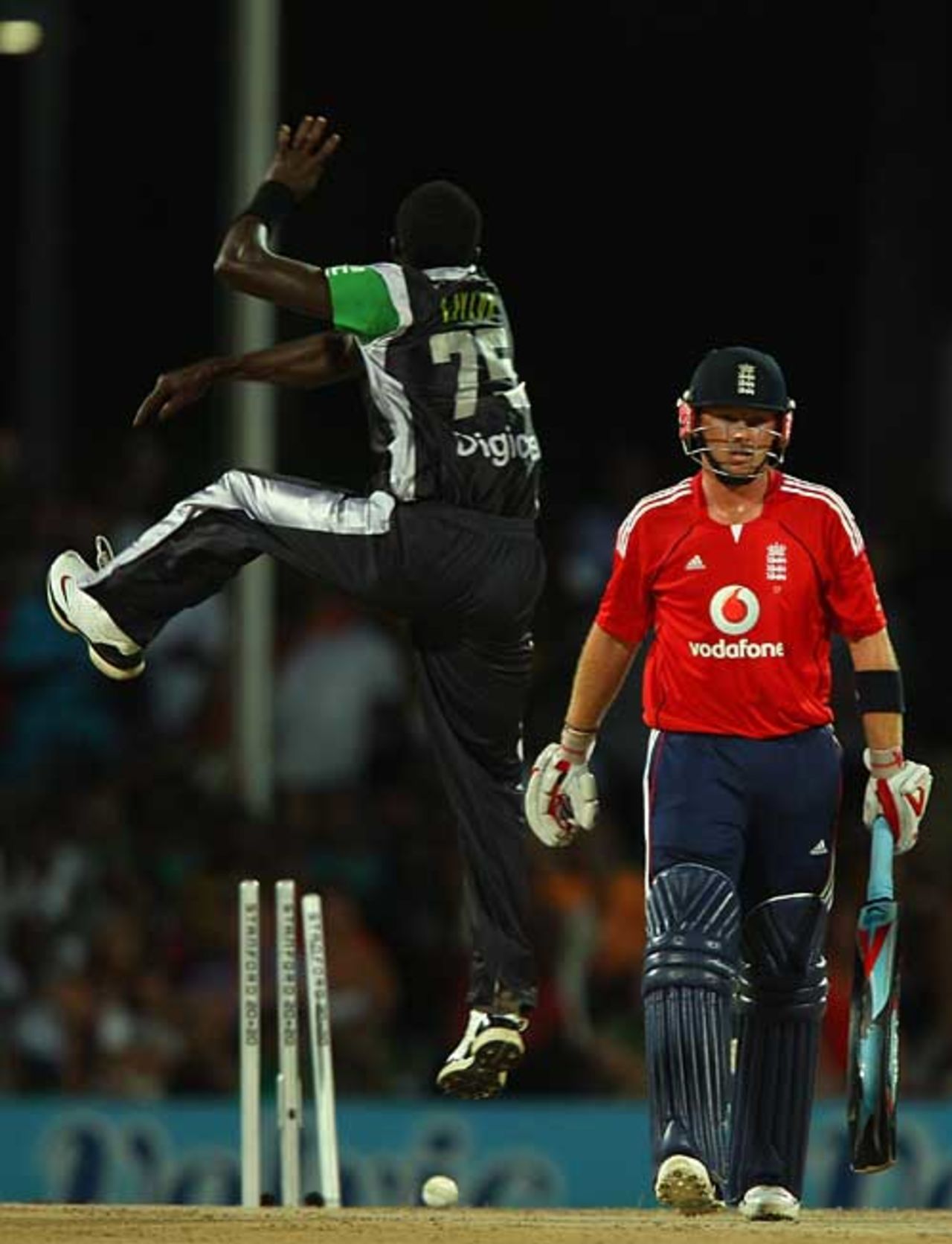 Jerome Taylor celebrates after bowling Ian Bell, Superstars v England, Antigua, November 1, 2008