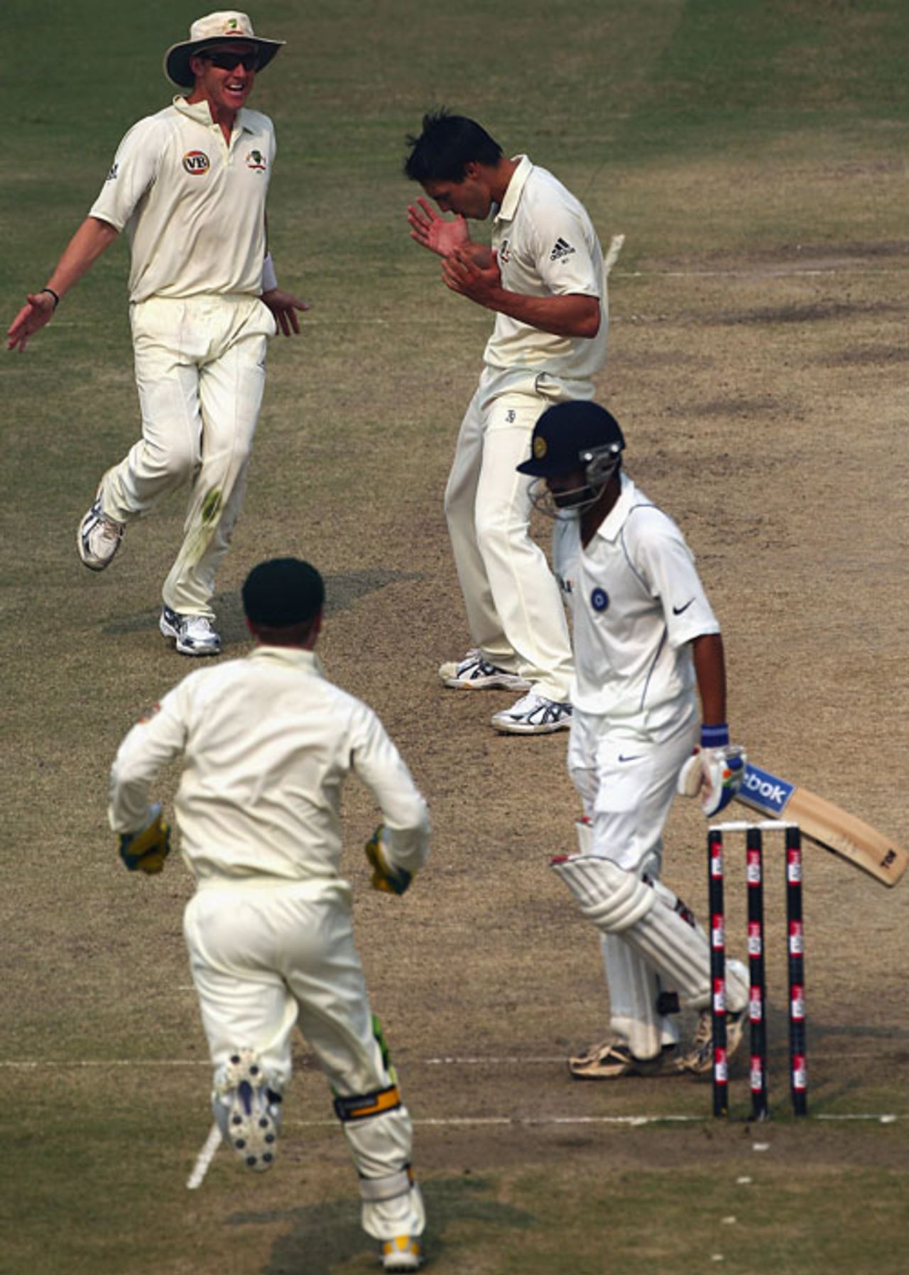 Mitchell Johnson exults after trapping Gautam Gambhir lbw for 36, India v Australia, 3rd Test, Delhi, 5th day, November 2, 2008