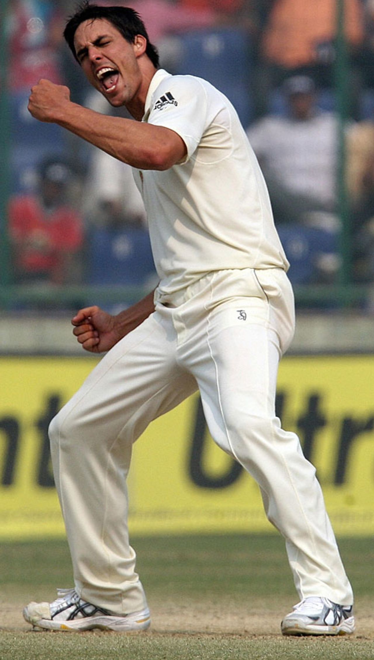 Mitchell Johnson is jubilant after getting rid of Gautam Gambhir, India v Australia, 3rd Test, Delhi, 5th day, November 2, 2008