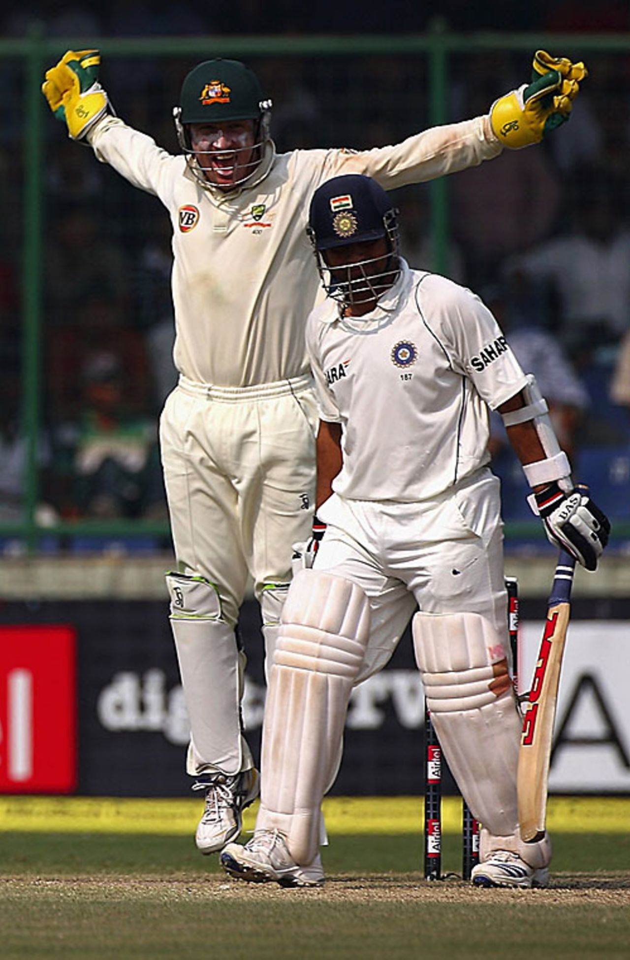 Sachin Tendulkar has to walk back after falling three short of his fifty, India v Australia, 3rd Test, Delhi, 5th day, November 2, 2008