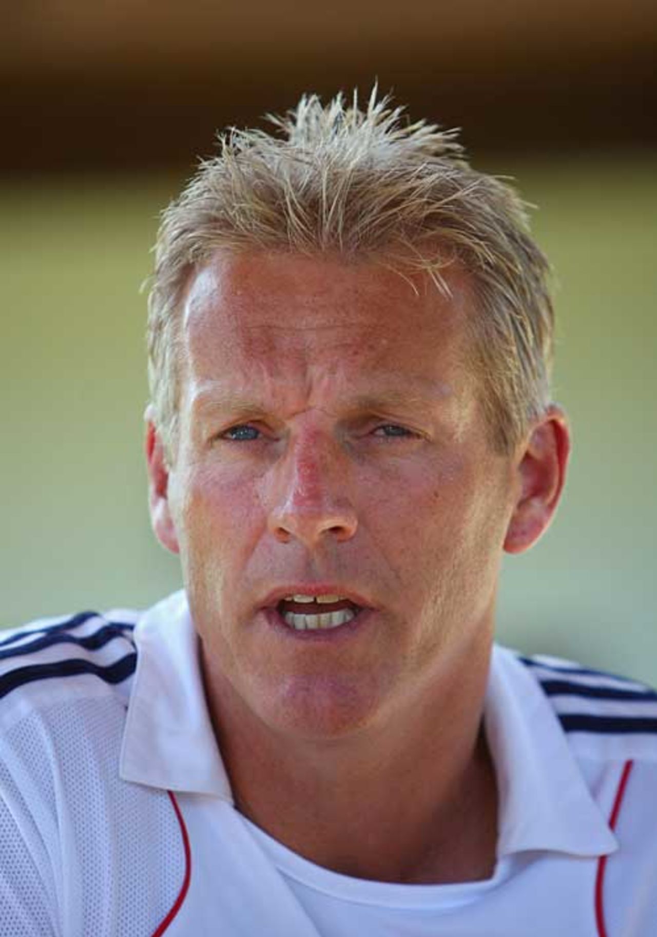 Peter Moores speaks to the press the day after England's heavy defeat, Antigua, November 2, 2008
