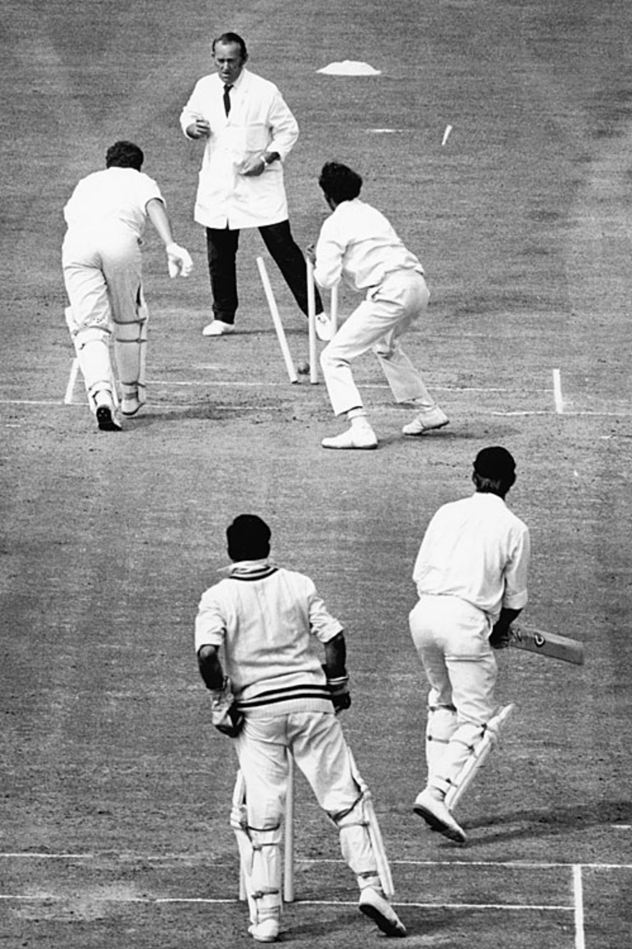 John Jameson is short of his crease as the ball deflects off Bhagwath Chandrasekhar's fingers onto the stumps, England v India, 3rd Test, The Oval, 4th day, August 23, 1971