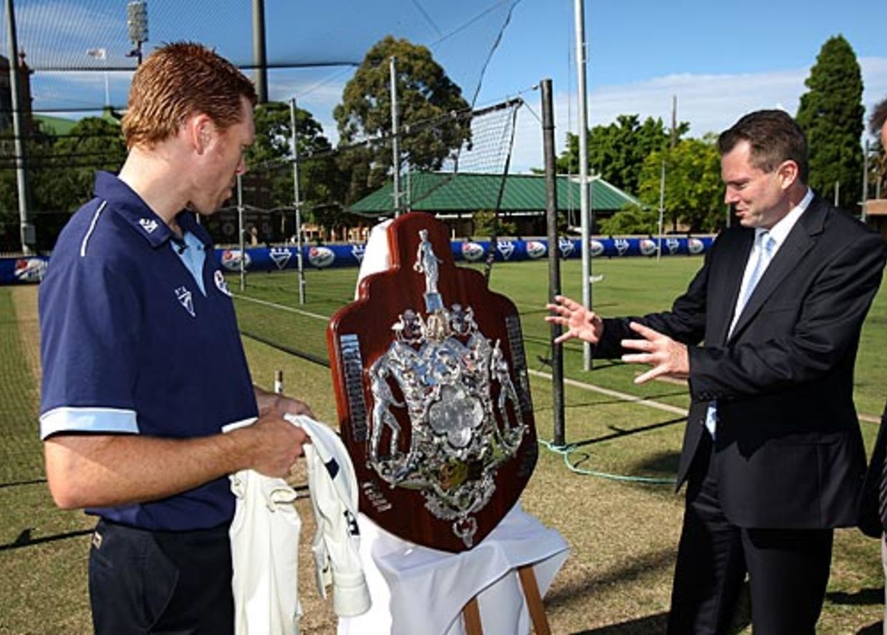 Nathan Rees and Dominic Thornely admire the Sheffield Shield Trophy, Sydney, November 3, 2008