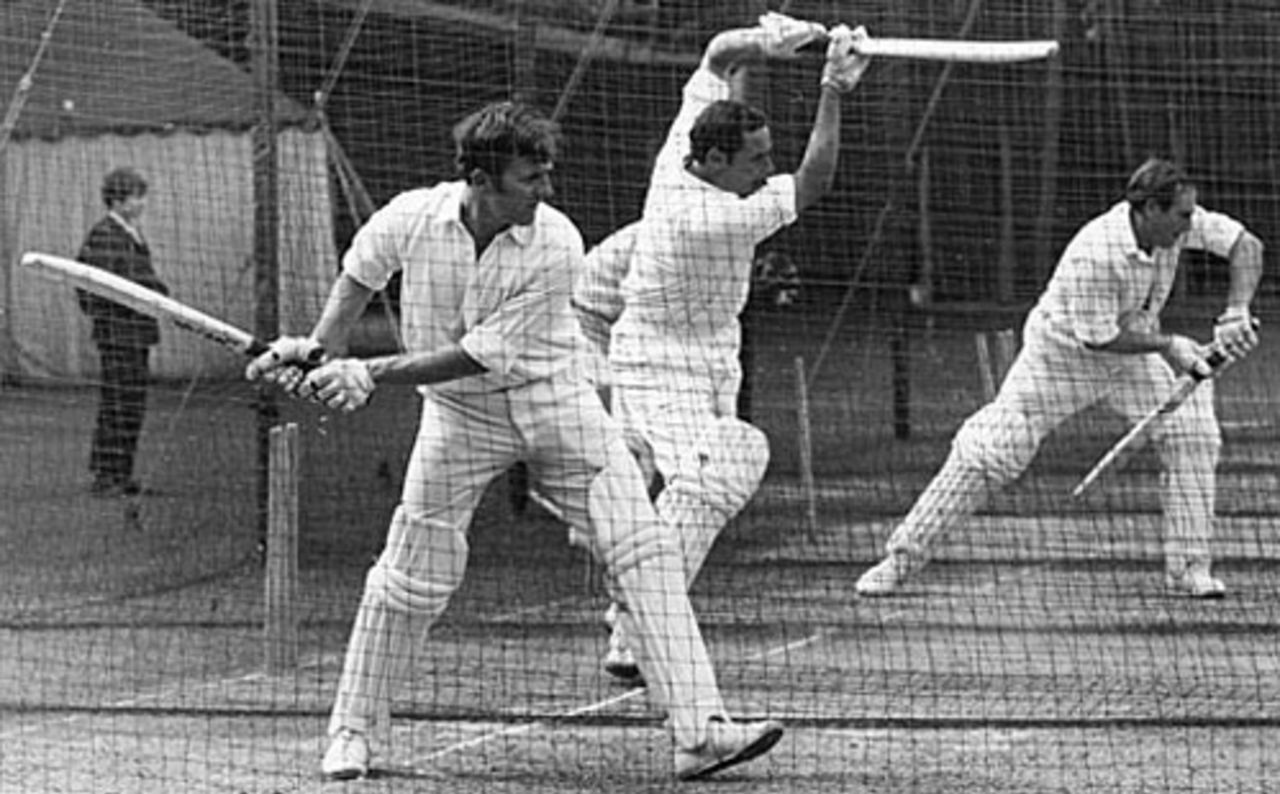 Richard Hutton, John Jameson, and Ray Illingworth bat at the nets, Lord's, July 21, 1971