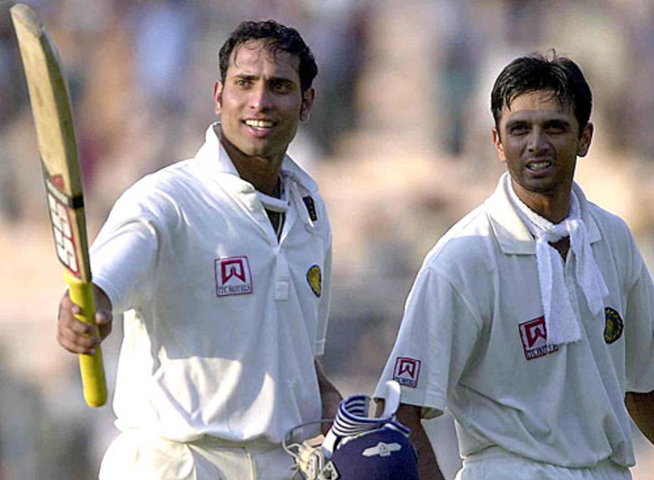 VVS Laxman raises his bat after getting his double-hundred, India v Australia, 2nd Test, Kolkata, 4th day, March 14, 2001