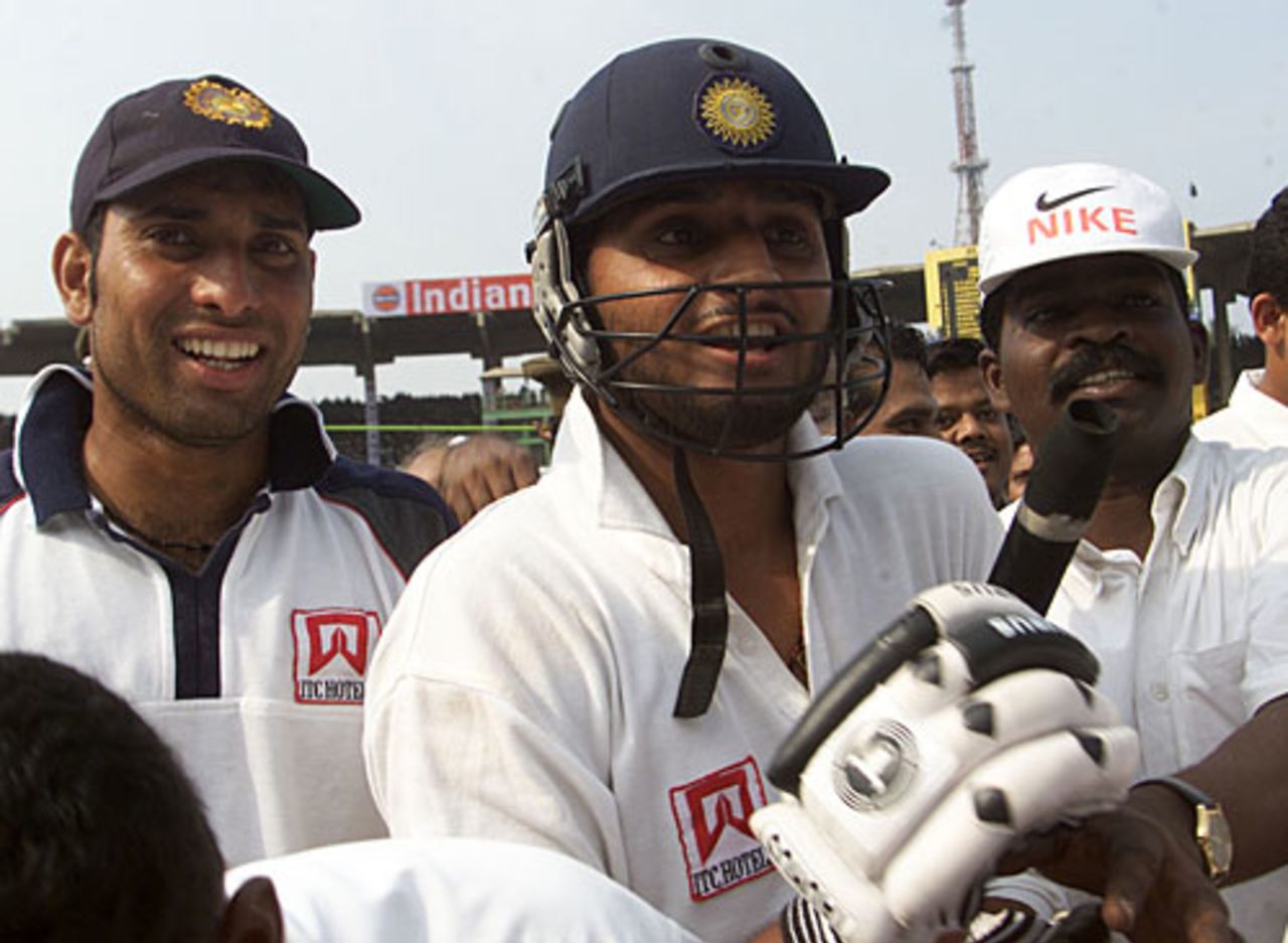 Harbhajan Singh and VVS Laxman celebrate after India take the Border-Gavaskar trophy, India v Australia, 3rd Test, Chennai, March 22, 2001