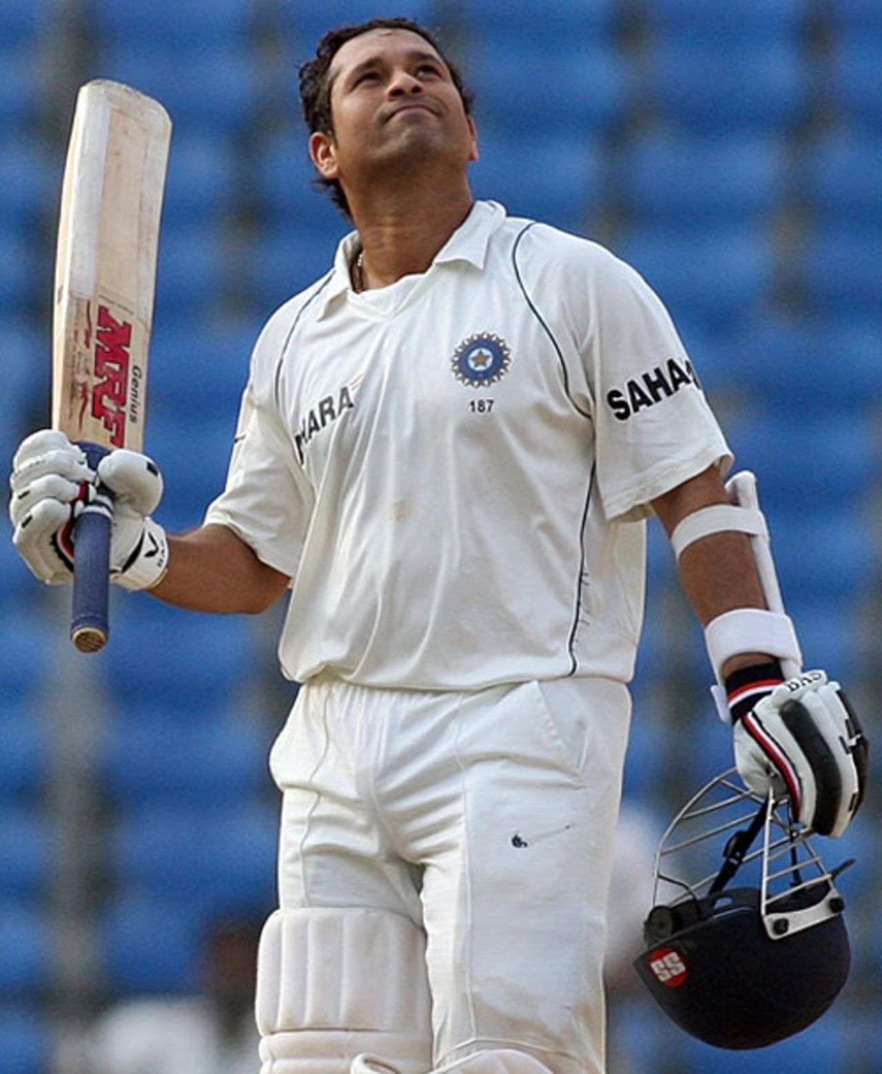 The relief is writ large on Sachin Tendulkar's face after reaching his century, India v Australia, 4th Test, Nagpur, 1st day, November 6, 2008