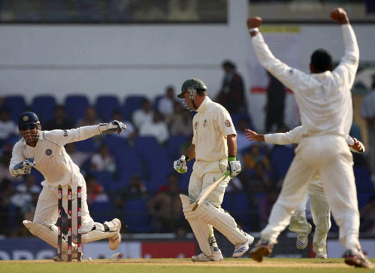 Harbhajan Singh gets Ricky Ponting, and wicket No. 300, India v Australia, 4th Test, Nagpur, 2nd day, November 7, 2008