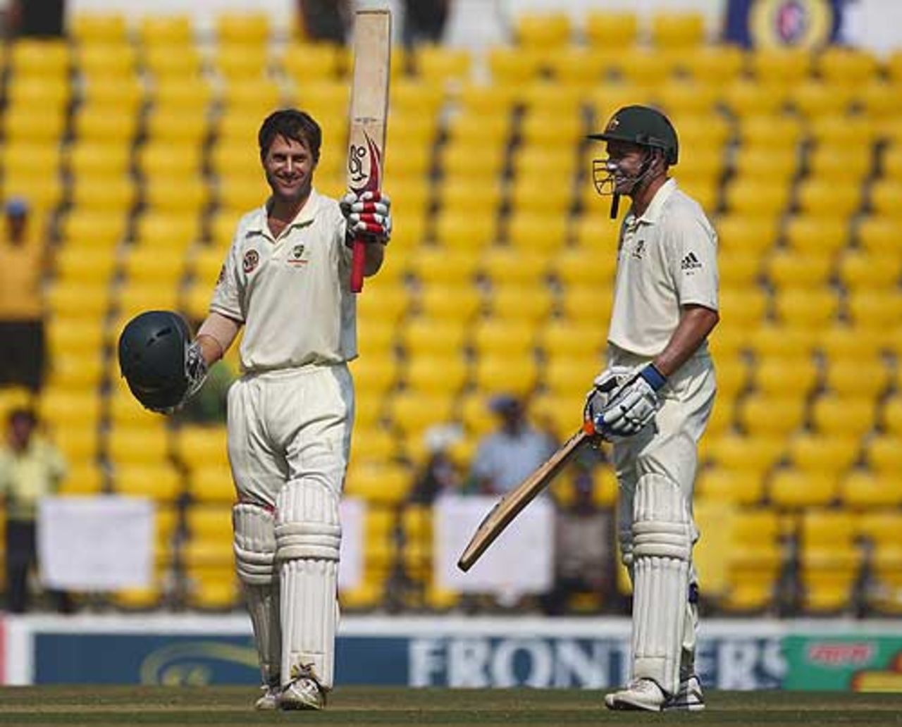 Simon Katich raises his bat as Michael Hussey looks on, India v Australia, 4th Test, Nagpur, 3nd day, November 8, 2008
