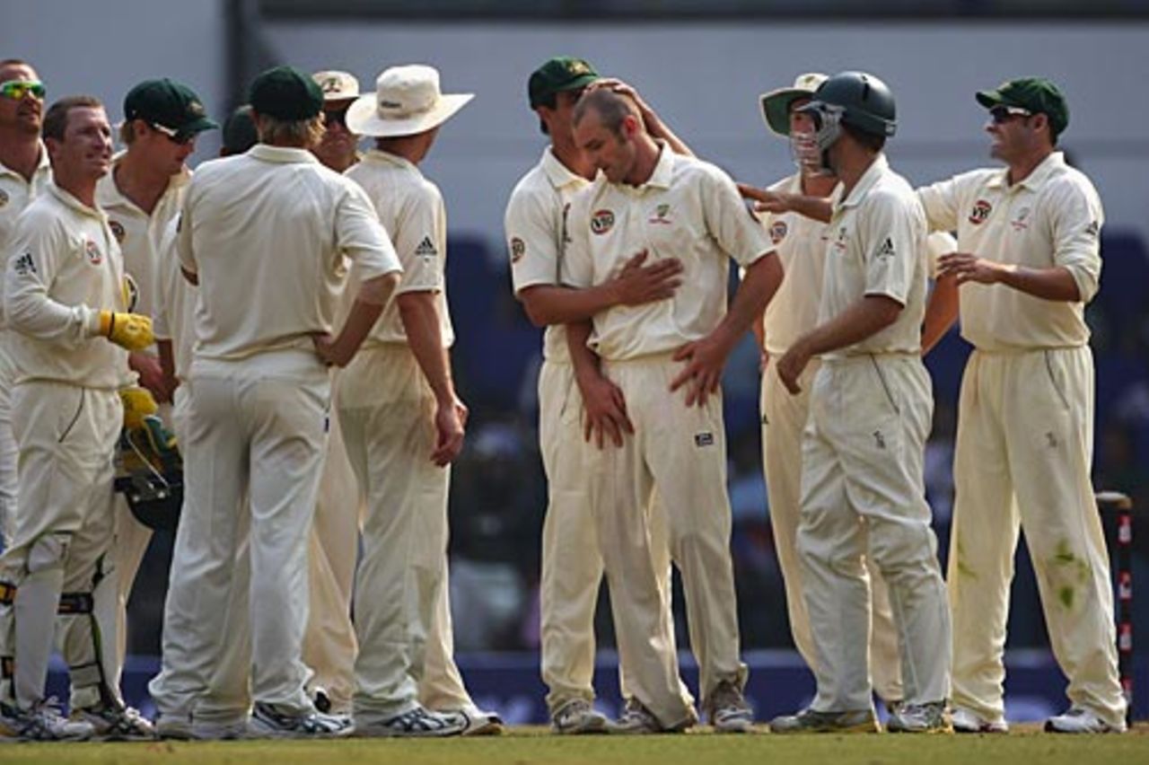 Team-mates congratulate Jason Krejza after the fall of VVS Laxman's wicket , India v Australia, 4th Test, Nagpur, 4th day, November 9, 2008