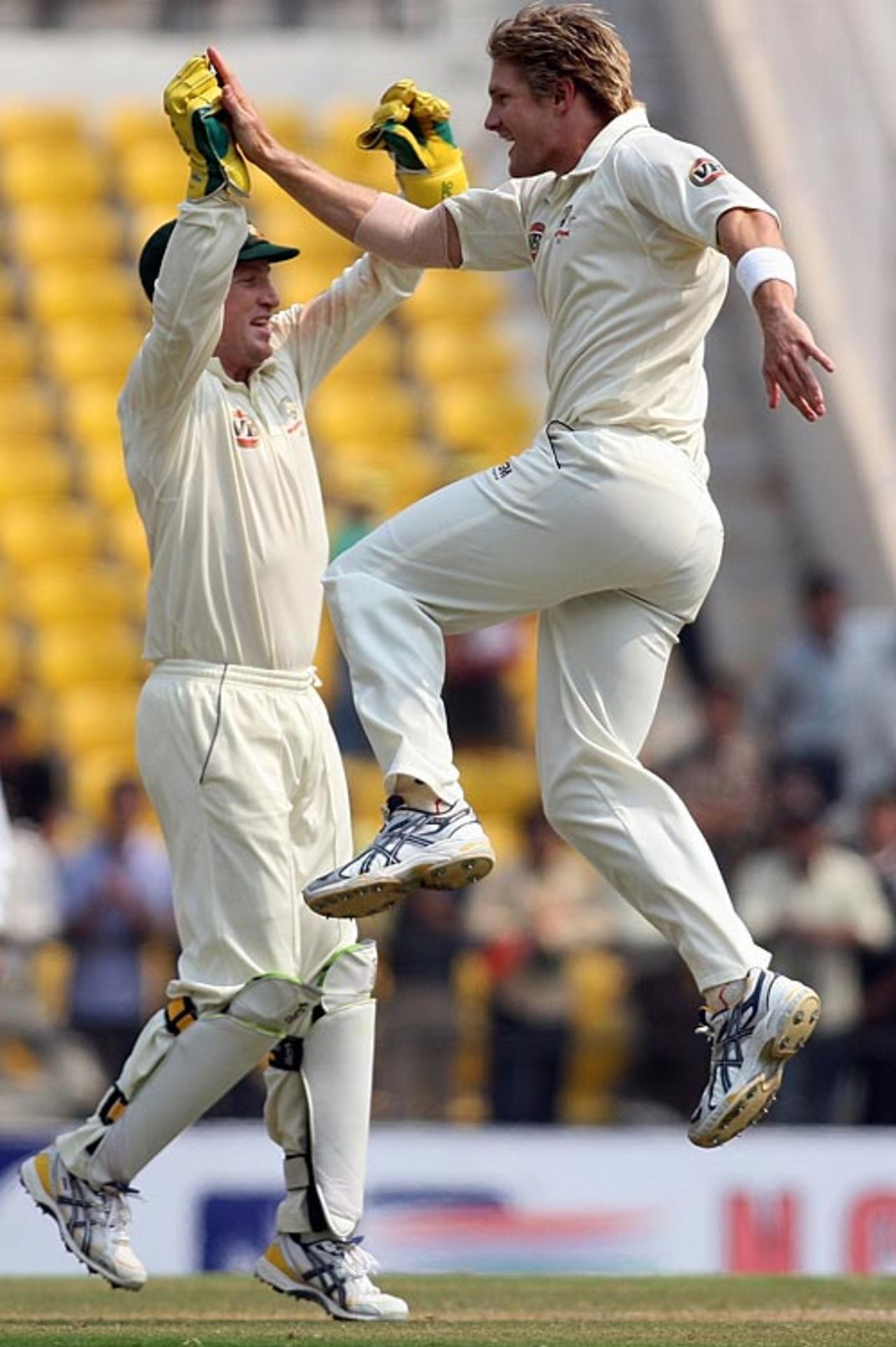 Shane Watson and Brad  Haddin celebrate the fall of Rahul Dravid's wicket, India v Australia, 4th Test, Nagpur, 4th day, November 9, 2008