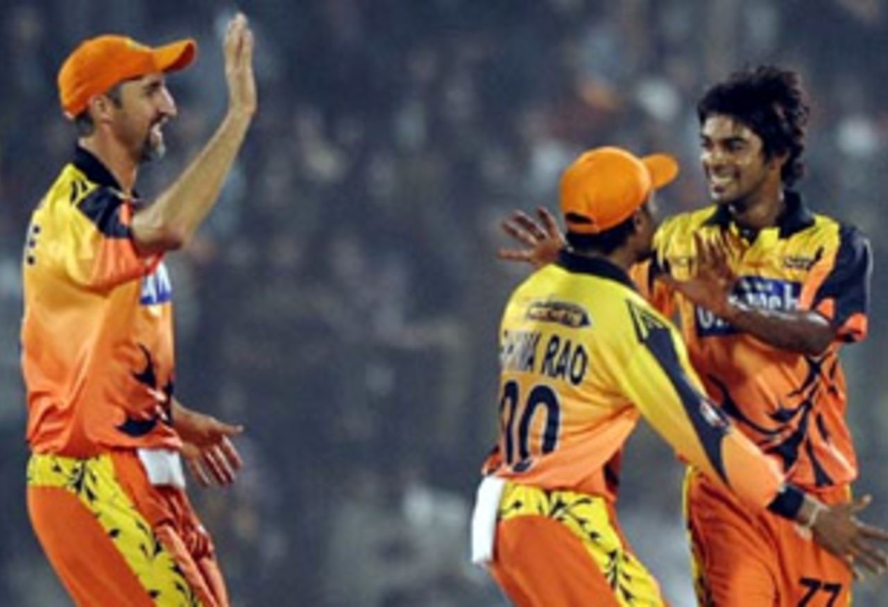 The Ahmedabad Rockets' players celebrate a wicket, Ahmeabad Rockets v Chandigarh Lions, ICL , Ahmedabad, November 9, 2008