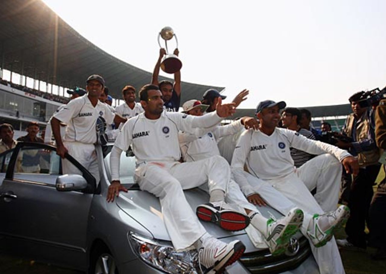 The victorious Indian team take up vantage points on the car given to the Man of the Series, Ishant Sharma, India v Australia, 4th Test, Nagpur, 5th day, November 10, 2008
