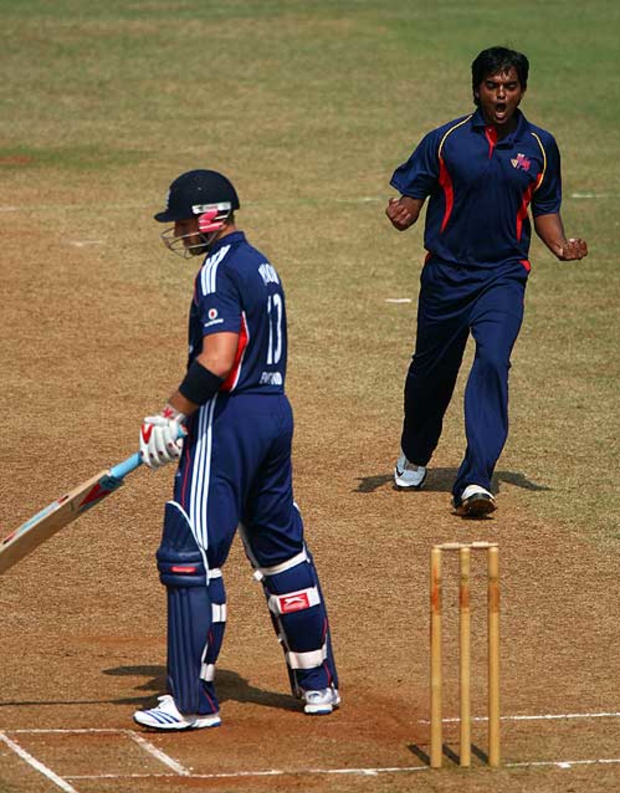 Rajesh Verma celebrates dismissing Matt Prior for 3, Mumbai Cricket Association President's XI v England XI, Mumbai, November 11, 2008