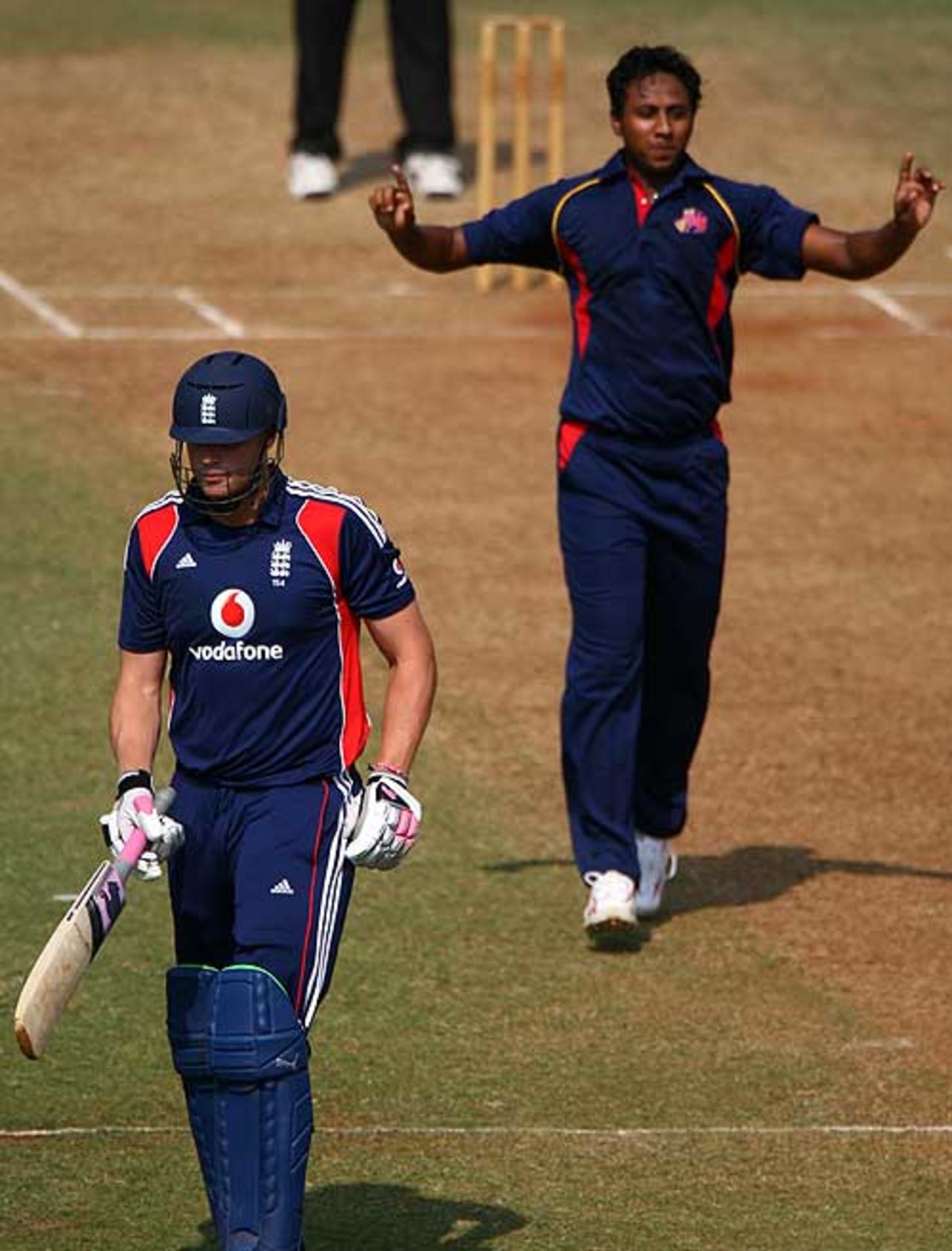 Rahil Shaikh sends back Andrew Flintoff for 5, Mumbai Cricket Association President's XI v England XI, Mumbai, November 11, 2008