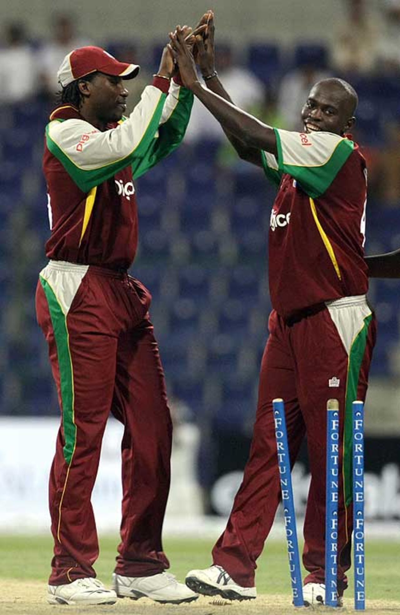 Chris Gayle and Lionel Baker celebrate, Pakistan v West Indies, 1st ODI, Abu Dhabi, November 12, 2008