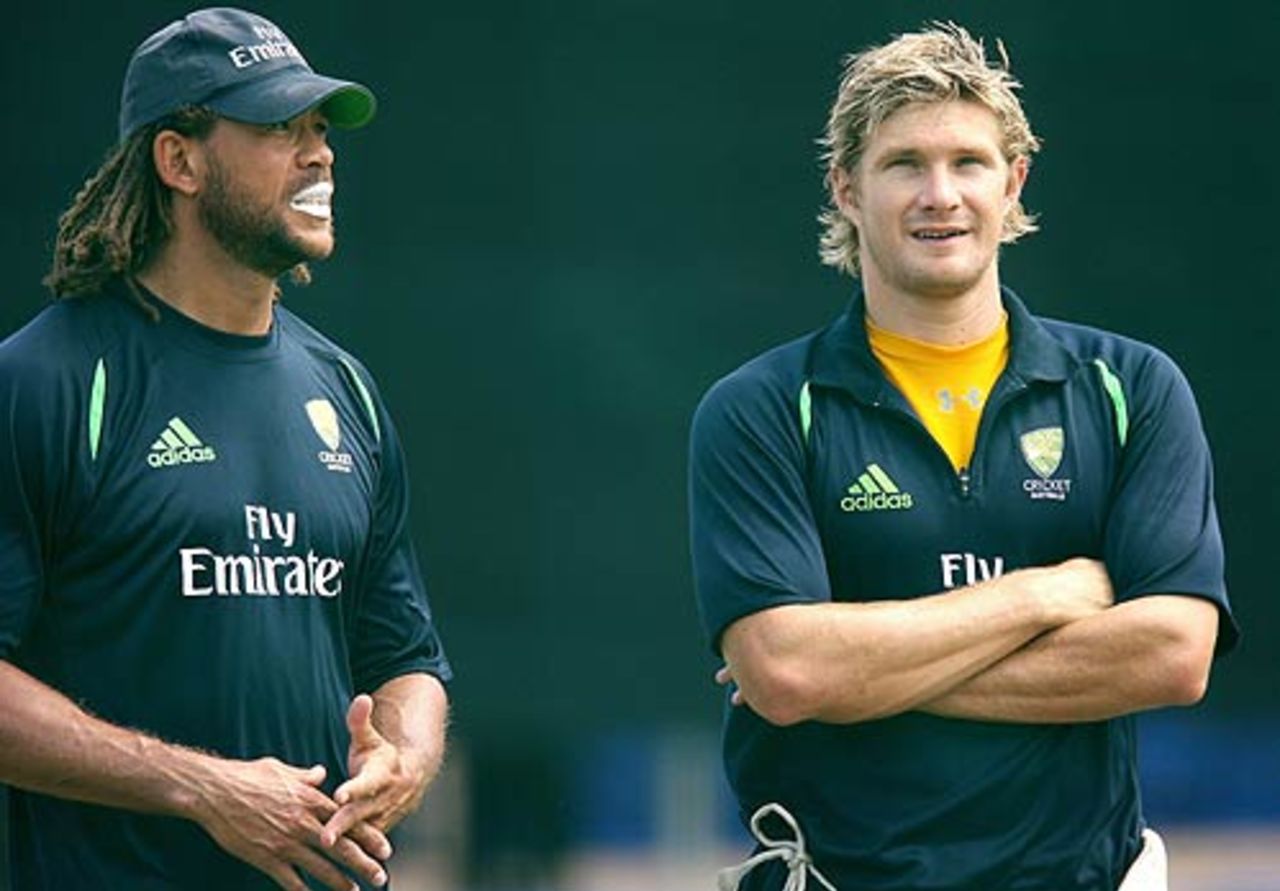 Andrew Symonds and Shane Watson at training, Grenada, April 15, 2007