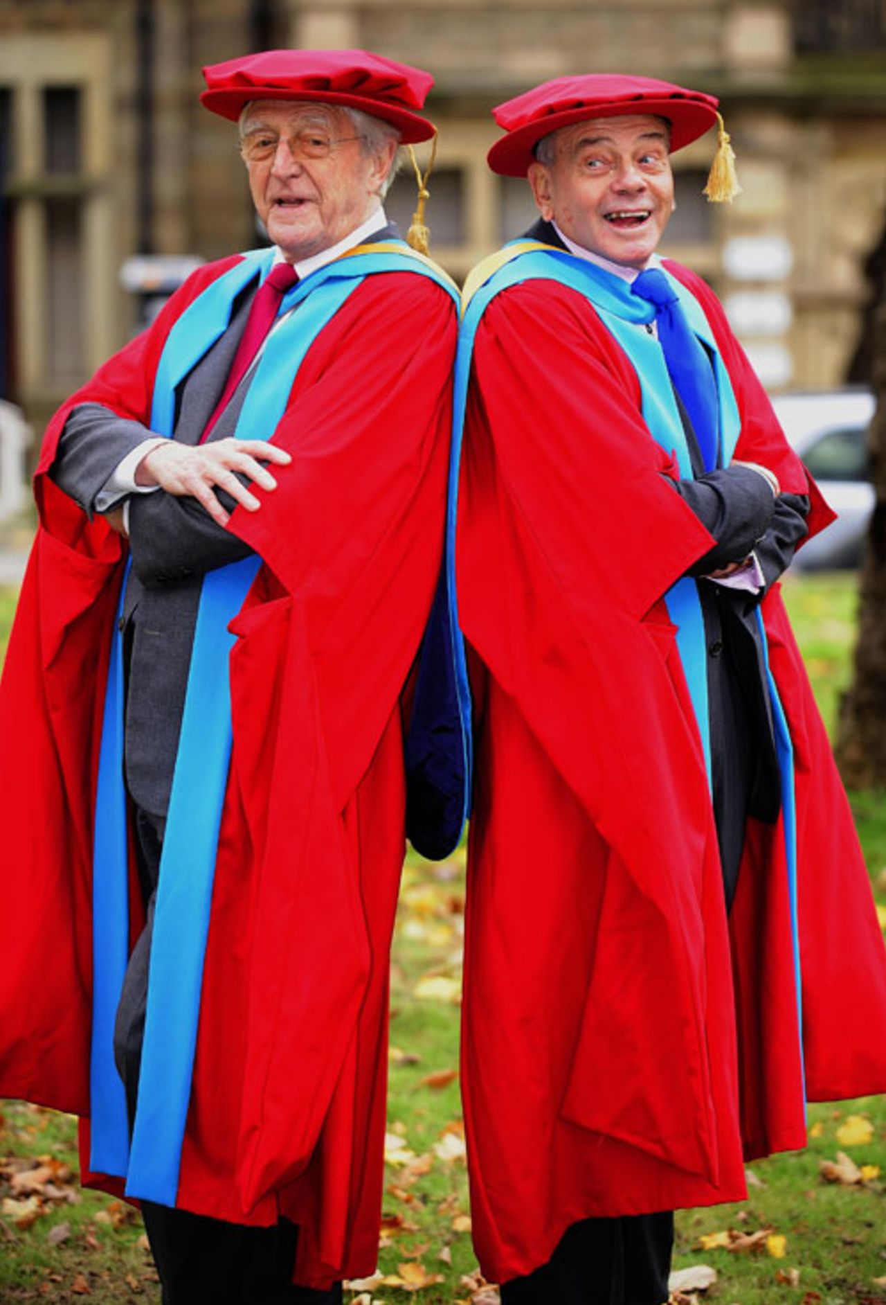 Sir Michael Parkinson and Dickie Bird at the Huddersfield University campus in Barnsley, where they received honorary doctorates, November 18,2008