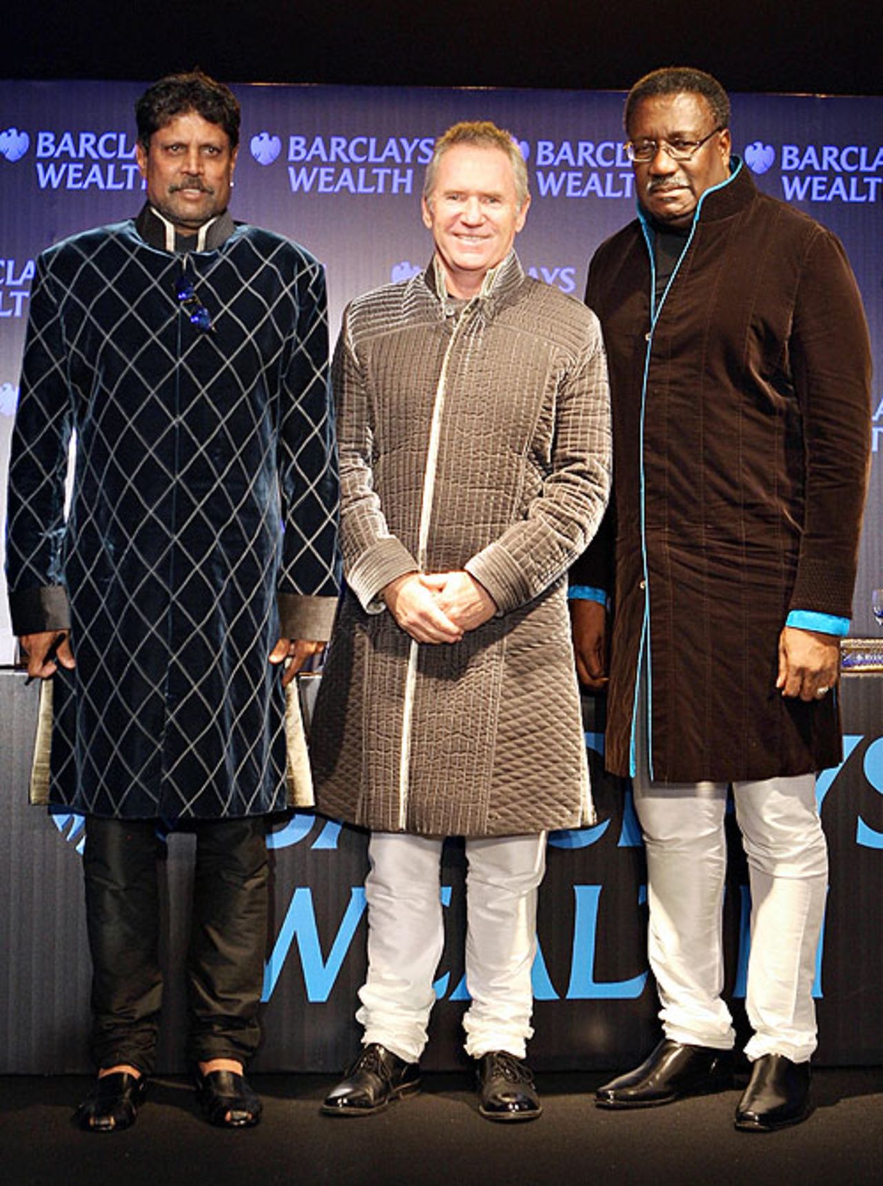 Kapil Dev, Allan Border and Clive Lloyd demonstrate a dubious line in fashion at a sponsor's event, November 19, 2008