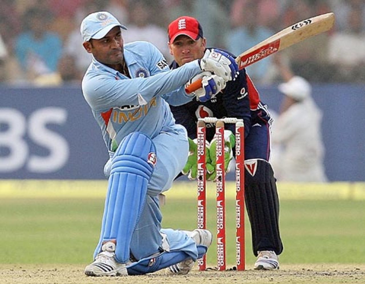 Virender Sehwag sweeps en route to his fifty, India v England, 3rd ODI, Kanpur, November 20, 2008