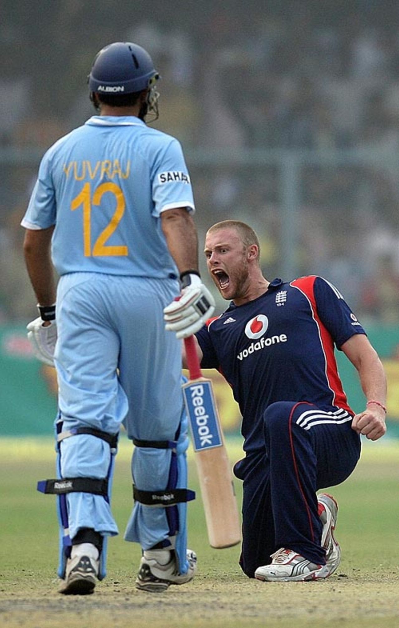 Andrew Flintoff is pumped up after dismissing Yuvraj Singh, India v England, 3rd ODI, Kanpur, November 20, 2008