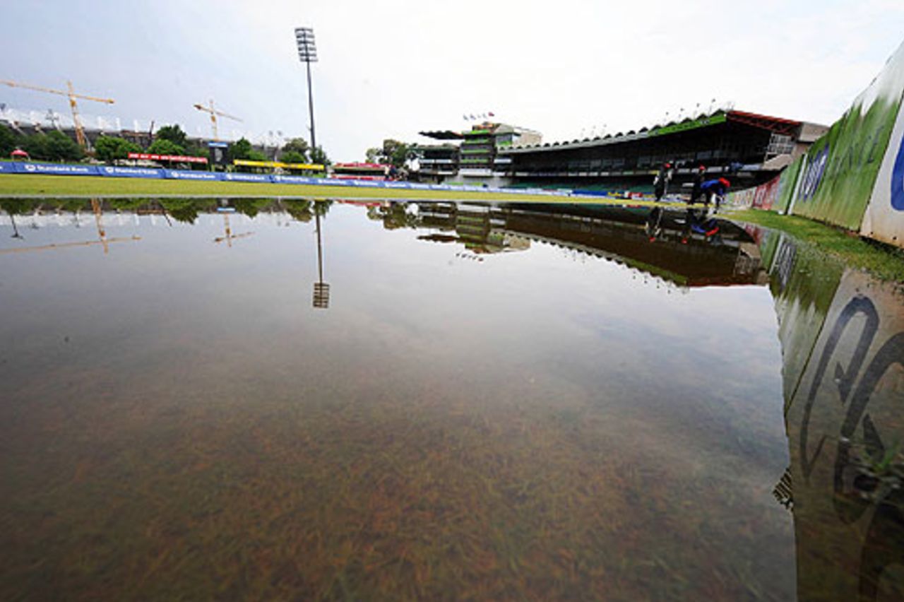 Huge puddles sit on the outfield after rain halted the third day's play at Bloemfontein, South Africa v Bangladesh, 1st Test, Bloemfontein, November 21, 2008