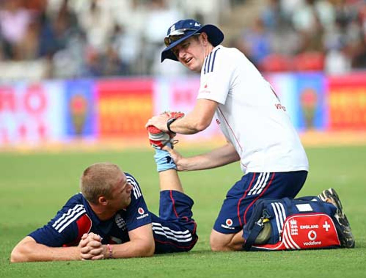 Andrew Flintoff receives some treatment on his ankle, India v England, 4th ODI, Bangalore, November 23, 2008