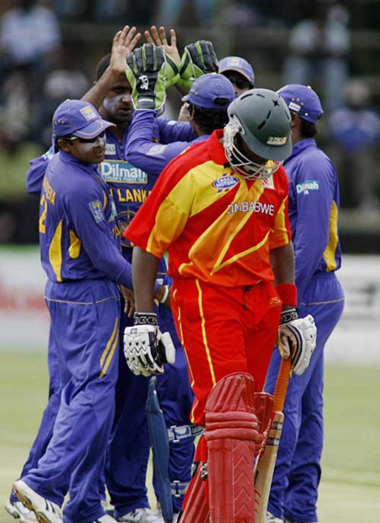 Sri Lanka celebrate as Hamilton Masakadza trudges off, Zimbabwe v Sri Lanka, 2nd ODI, Harare, November 22, 2008