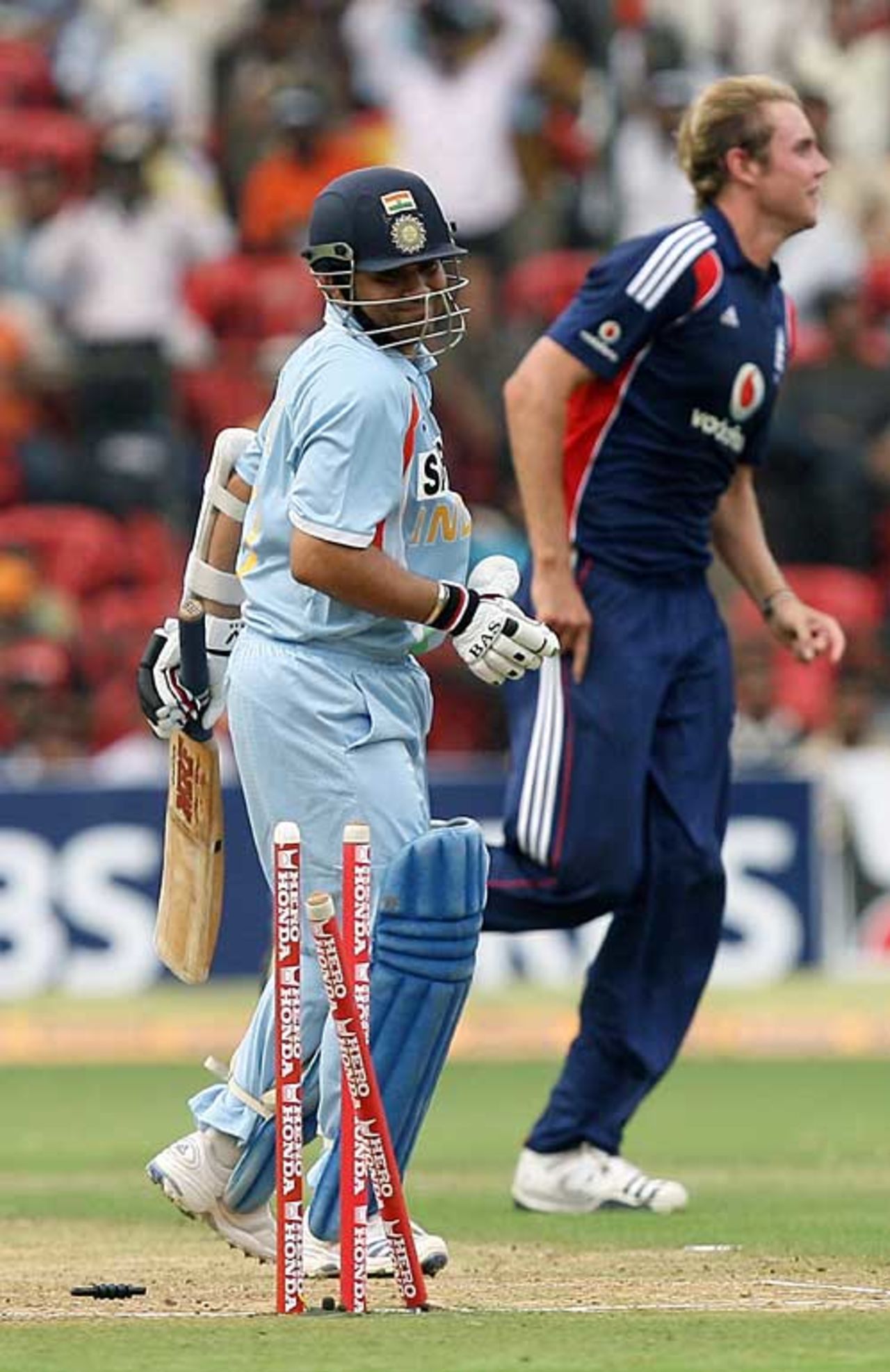 Sachin Tendulkar is bowled by Stuart Broad in his first game back, India v England, 4th ODI, Bangalore, November 23, 2008