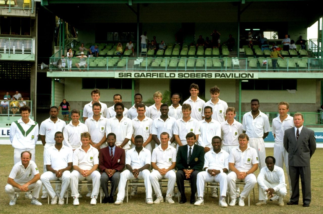 A group photograph of the West Indies and South Africa teams together, before South Africa's first Test on return to international cricket, West Indies v South Africa, only Test, Bridgetown, April 18, 1992