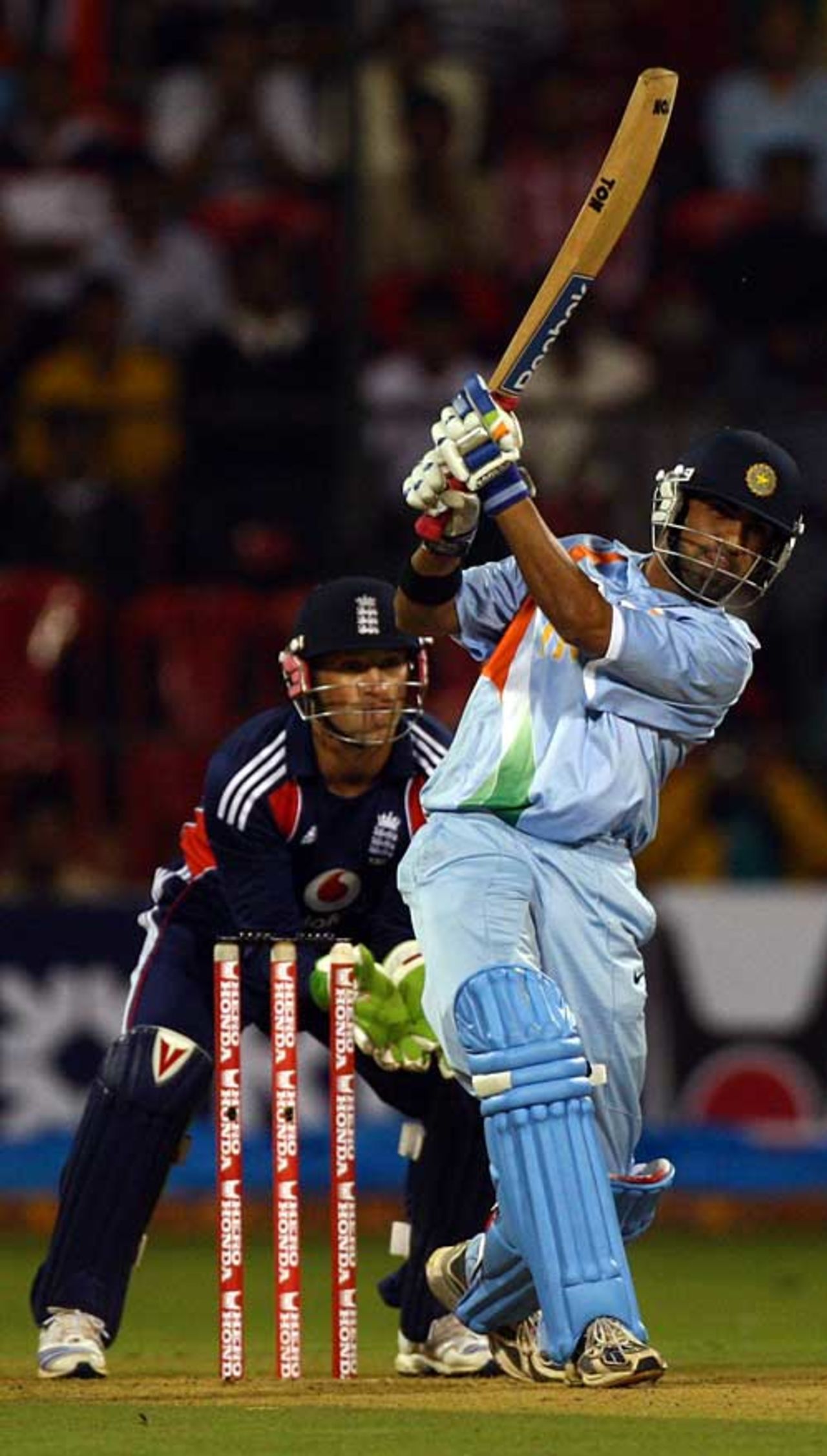 Gautam Gambhir drives straight during his 40, India v England, 4th ODI, Bangalore, November 23, 2008