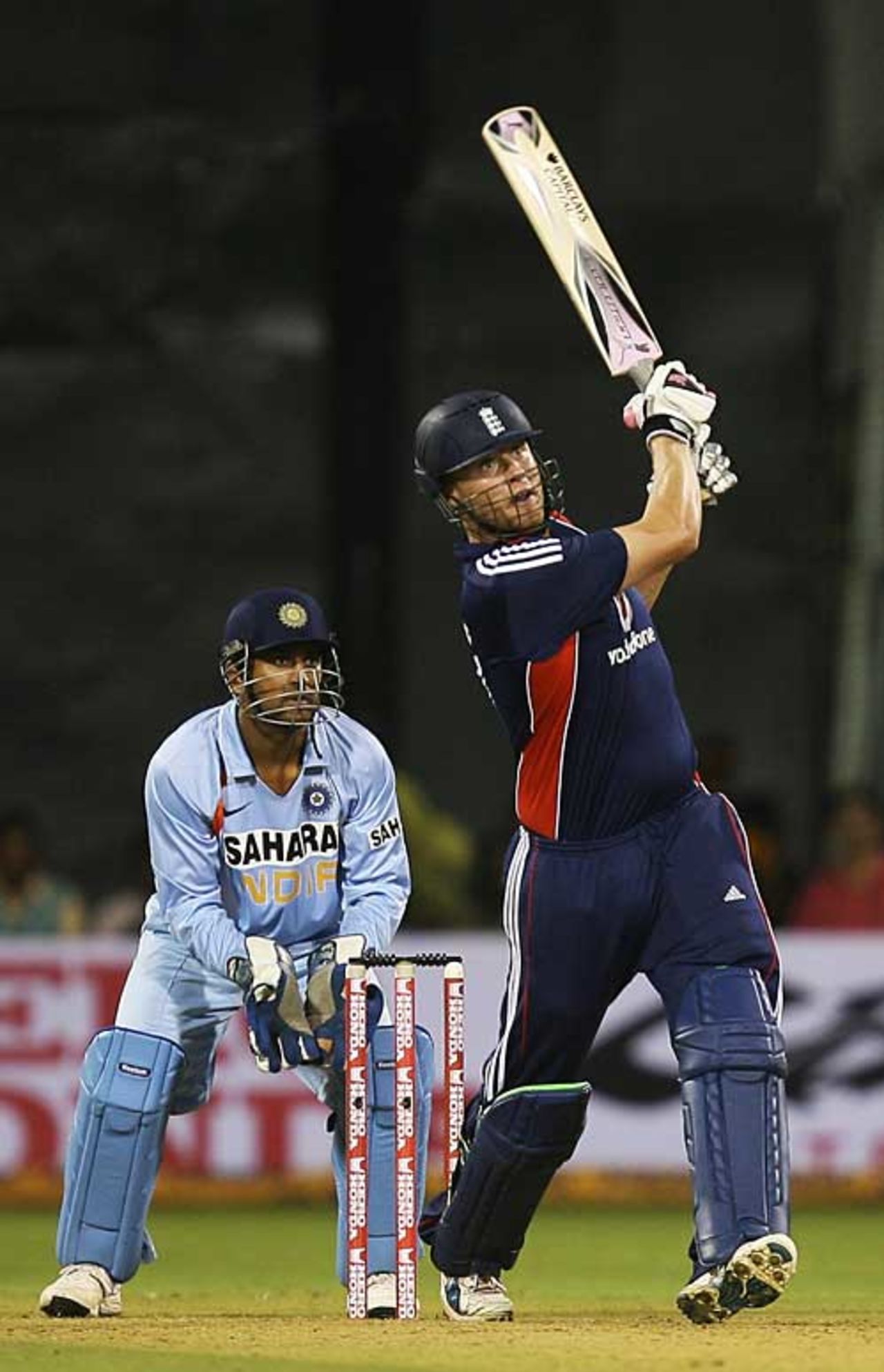 Andrew Flintoff launches down the ground, India v England, 4th ODI, Bangalore, November 23, 2008