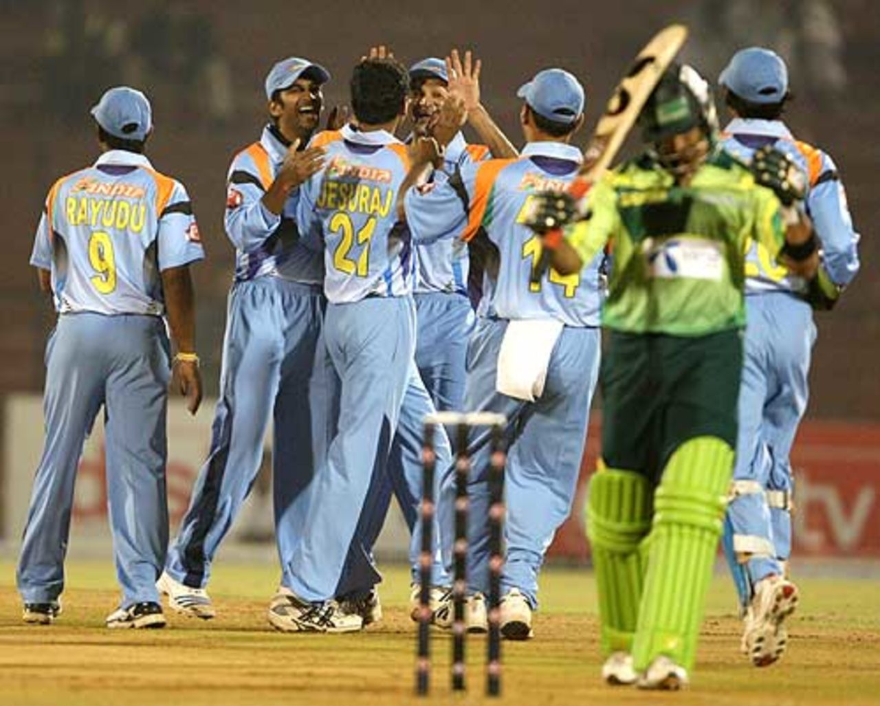 India XI celebrate the fall of Imran Nazir, India XI v Pakistan XI, ICL 20s World Series, Ahmedabad, November 24, 2008
