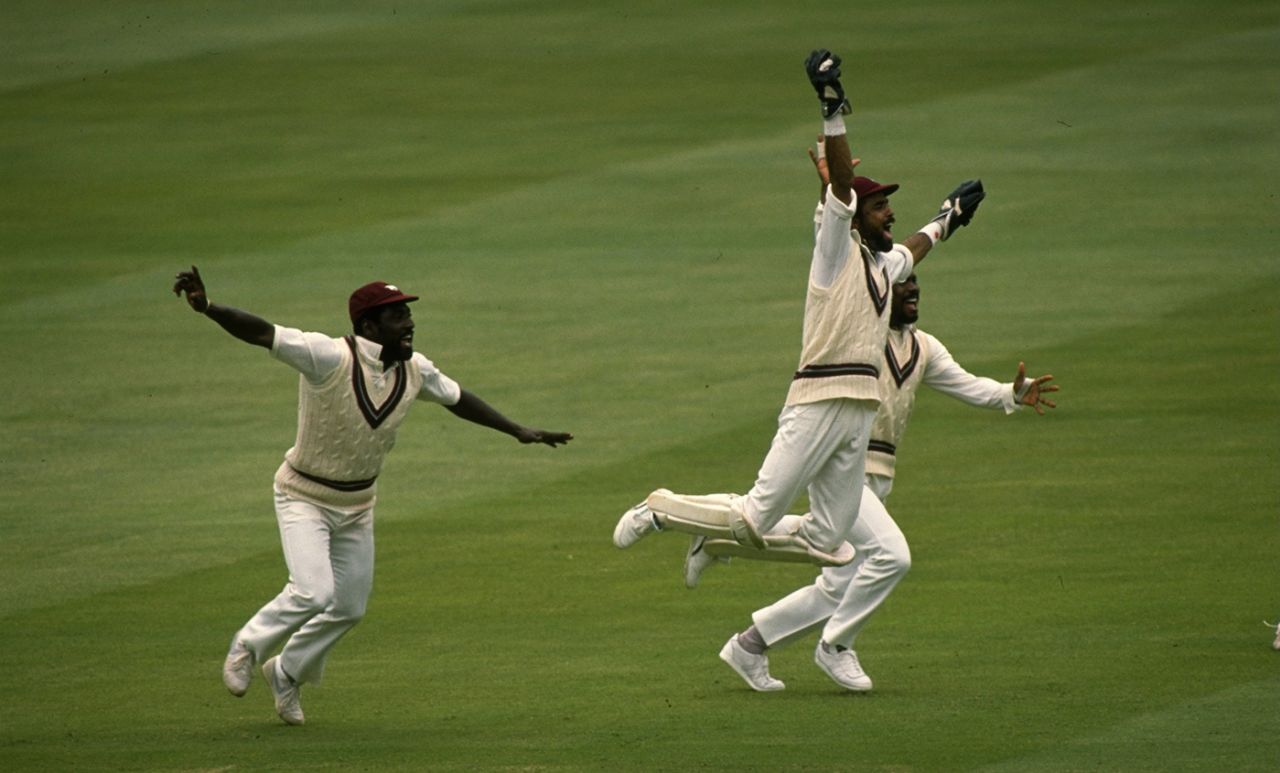 West Indies' fielders (from left: Viv Richards, Jeff Dujon, Gordon Greenidge) celebrate a wicket, England v West Indies, second Test, Lord's, 17 June 1988 