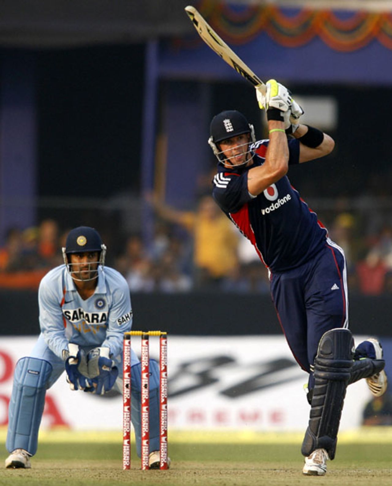 Kevin Pietersen finds his balance on one leg, India v England, 5th ODI, Cuttack, November 26, 2008