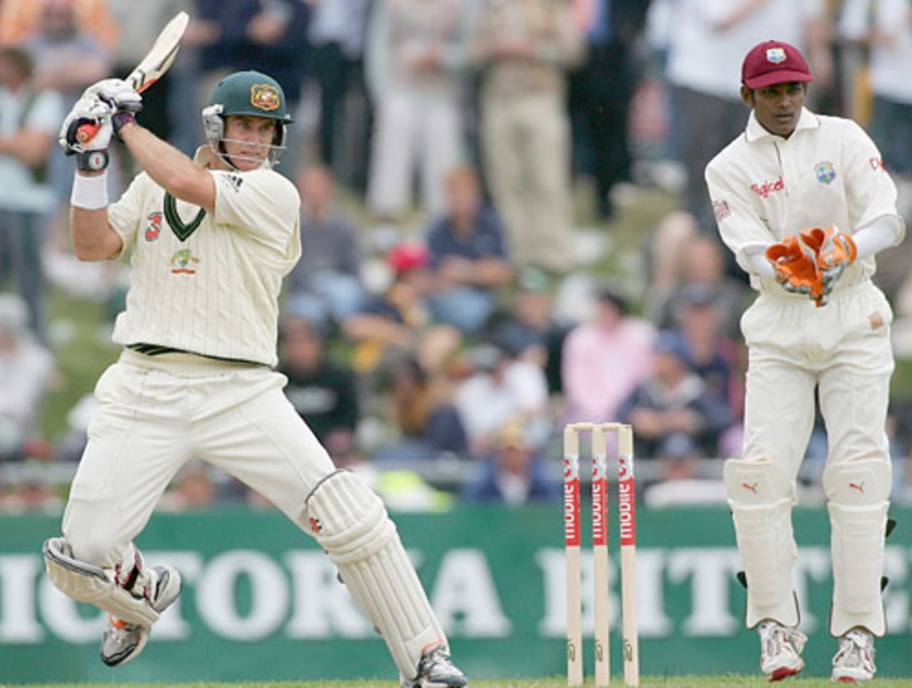 Matthew Hayden cuts one away during his century, Australia v West Indies, 2nd Test, Hobart, 2nd day, November 18, 2005