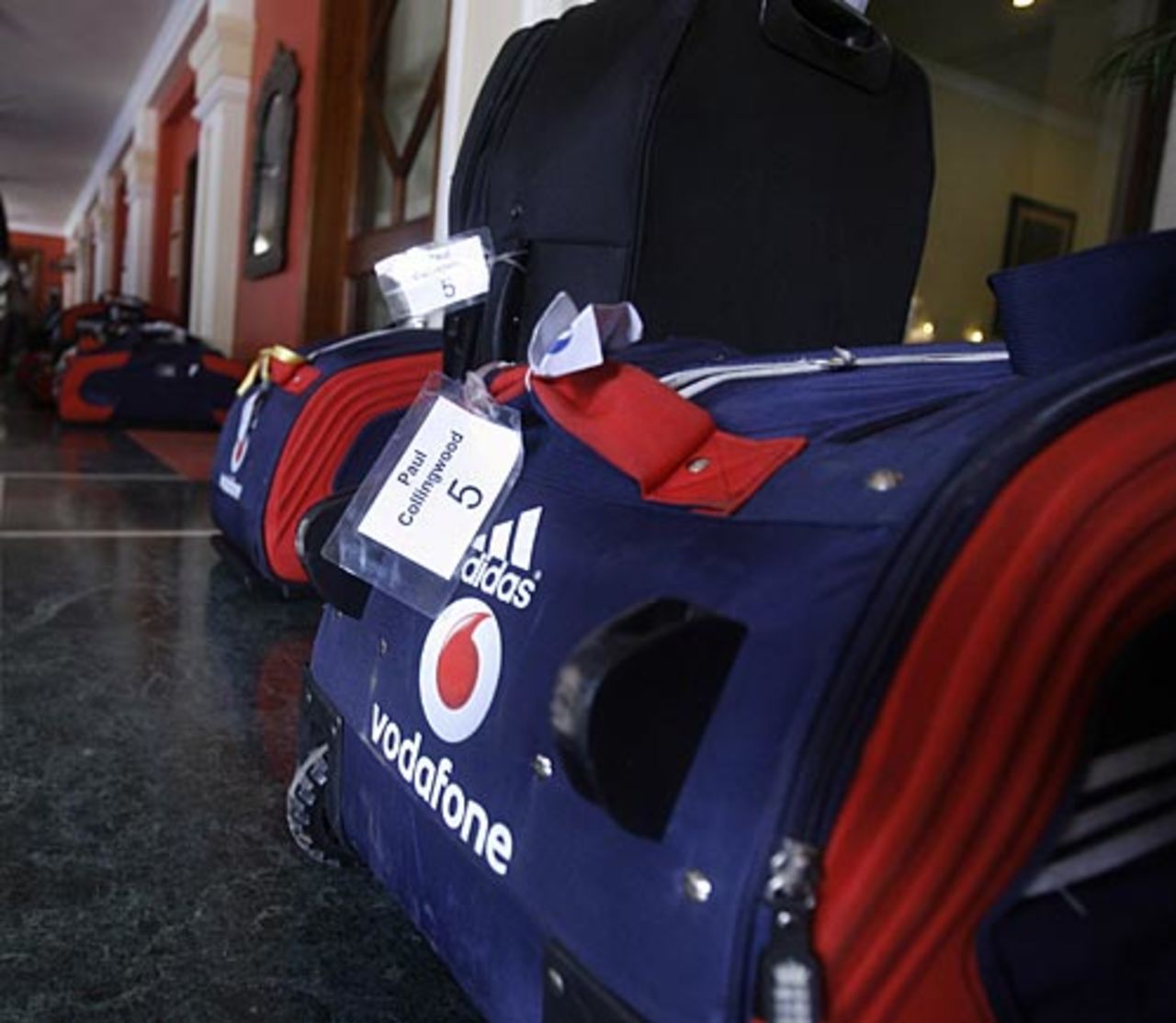 The England team suitcases lined up at the hotel lobby, Bhubaneswar, November 27, 2008