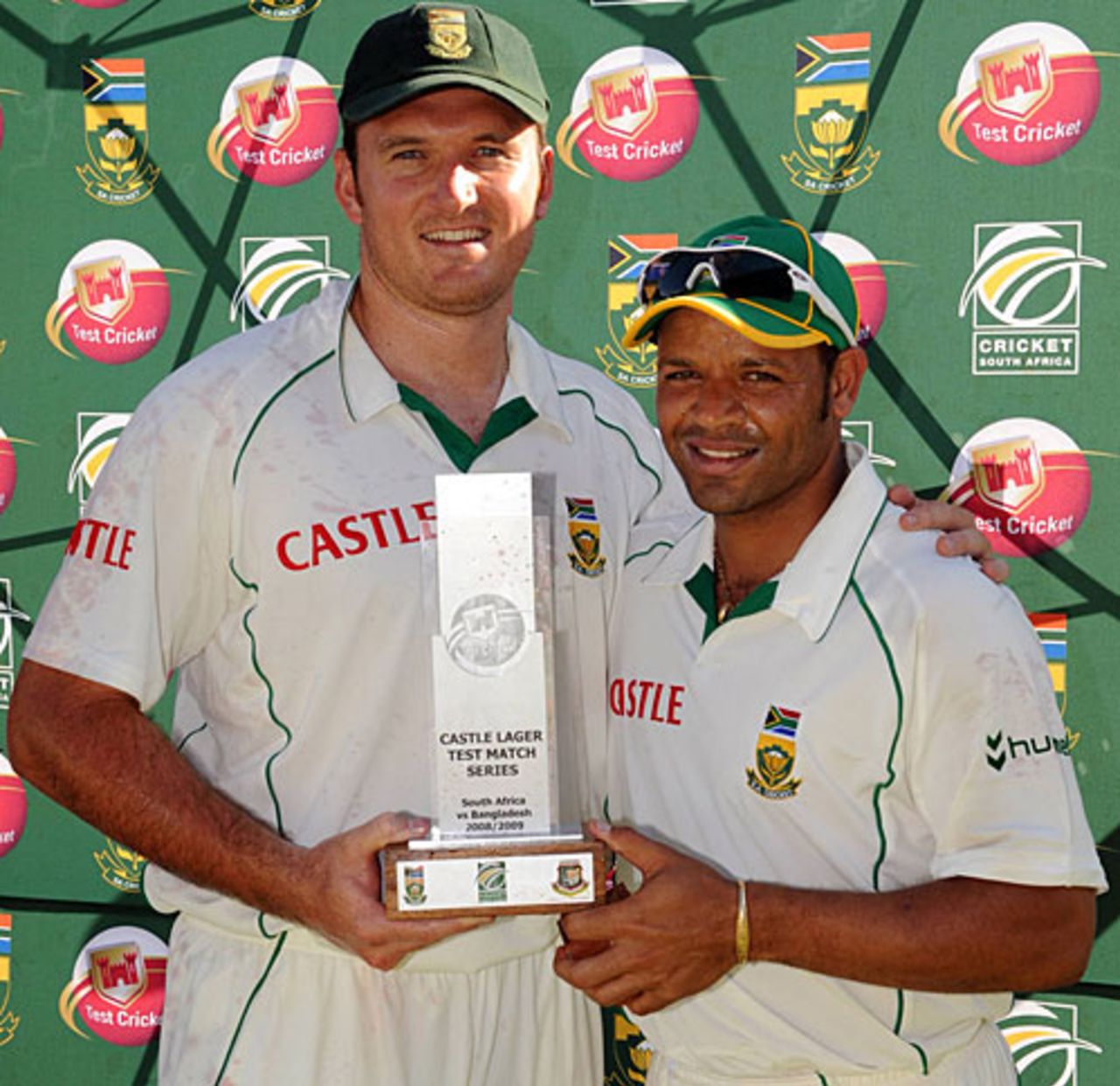 Ashwell Prince and Graeme Smith pose with the winners' trophy, South Africa v Bangladesh, 2nd Test, Centurion, 3rd day, November 28, 2008