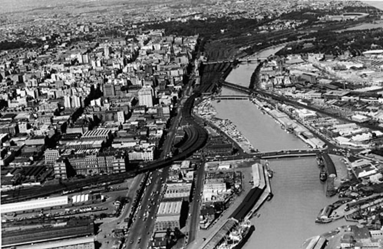 An aerial view of Melbourne with the MCG at the top right, Melbourne, December 1954