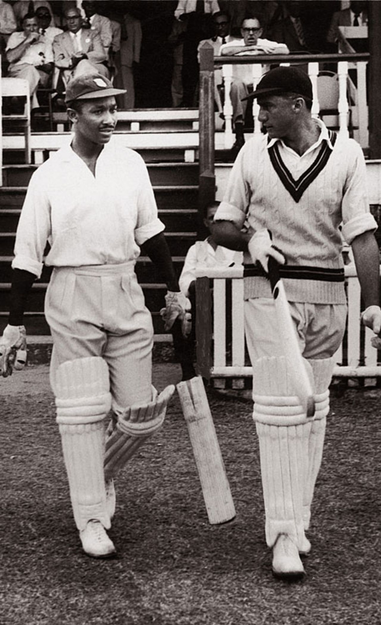 Frank Worrell and Jeff Stollmeyer walk in to bat, West Indies v England, 3rd Test, Georgetown, February 26, 1954