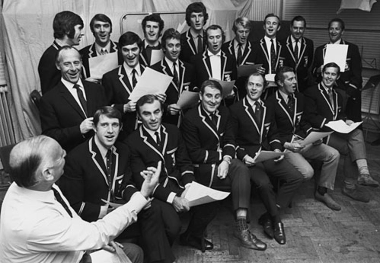 Brian Johnston conducts the English team in a rendition of 'The Ashes Song', London, April 19, 1971