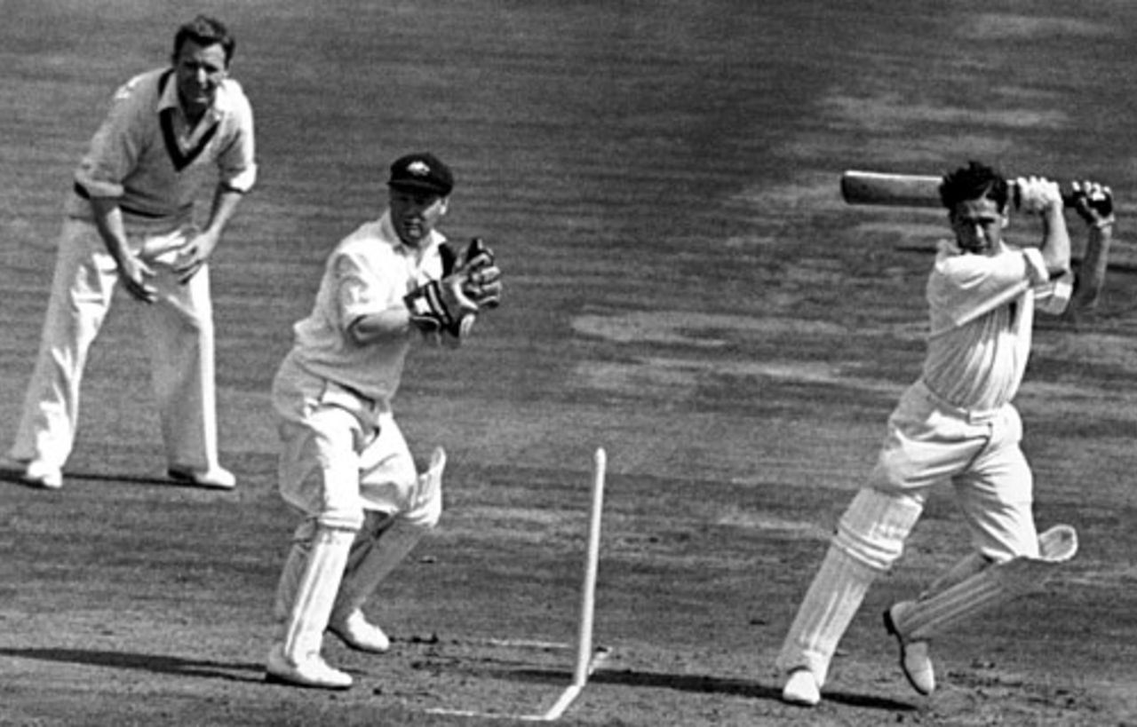 Trevor Bailey cuts behind point, England v Australia, 5th Test, The Oval, 3rd day, August 18, 1953