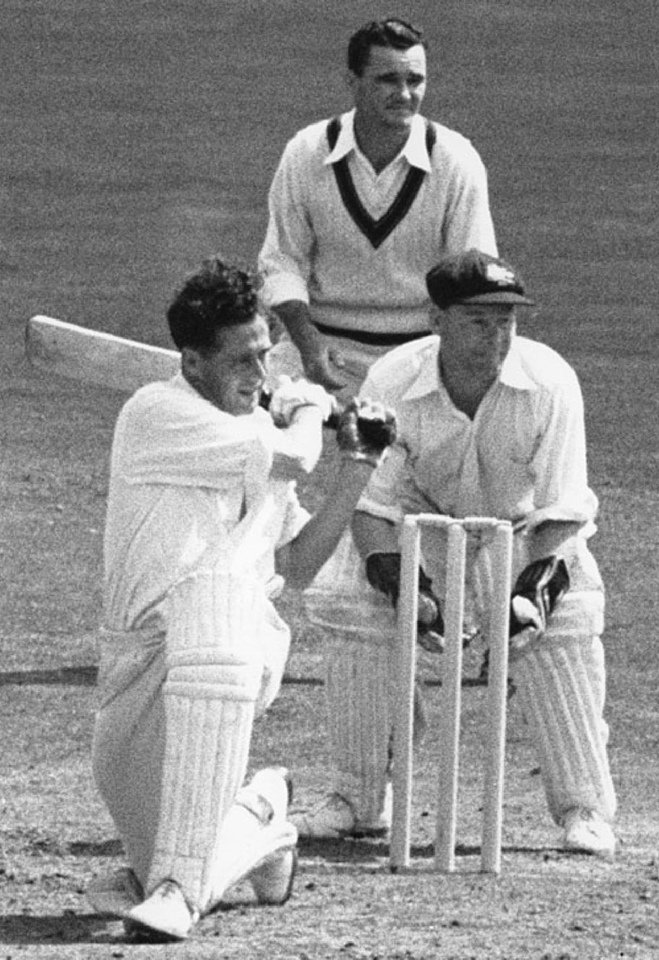 Trevor Bailey plays the sweep shot, England v Australia, 5th Test, The Oval, 4th day, August 18, 1953
