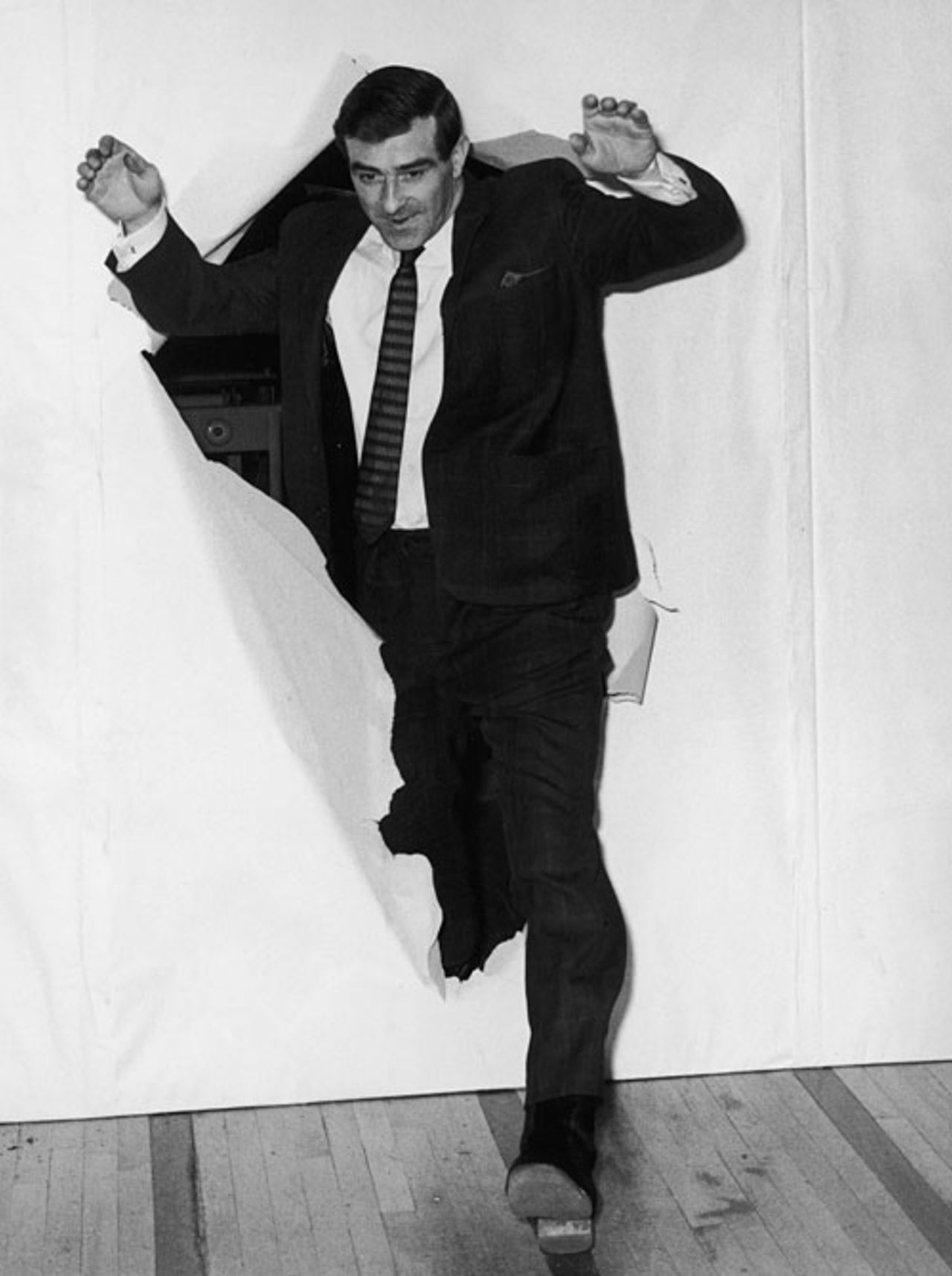 Fred Trueman makes his entrance during a stand-up comedy stint, Stockton-on-Tees, February 4, 1969