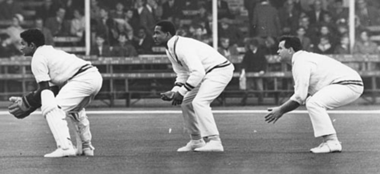 Deryck Murray, Garry Sobers, and Norman Hill get in position before the ball is delivered, Nottinghamshire v Lancashire, Nottingham, Gillette Cup, April 27, 1968