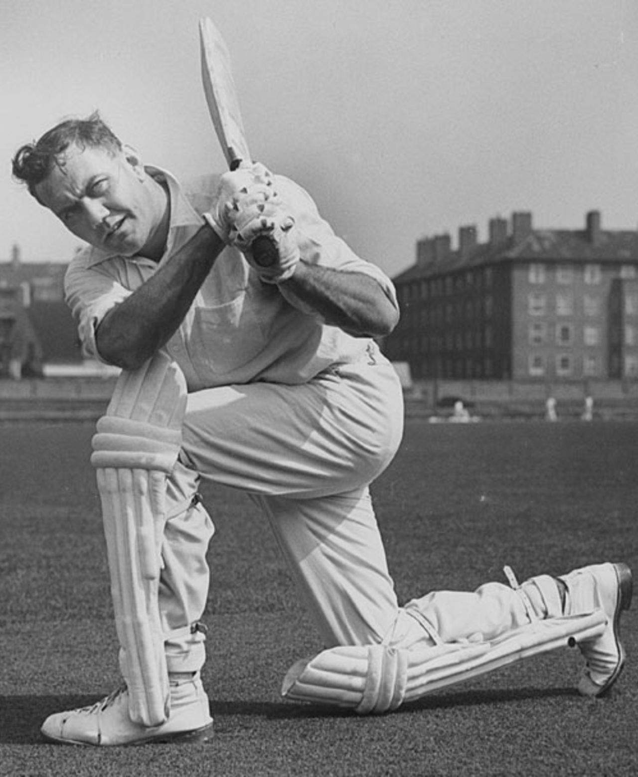 Eric Bedser poses  in a batting shot, April 22, 1952
