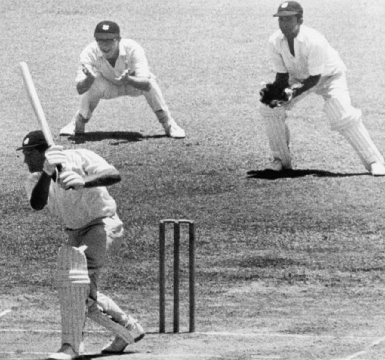 Tony Lock drives during his brief stay at the crease, West Indies v England, 5th Test, Georgetown, 5th day, April 3, 1968